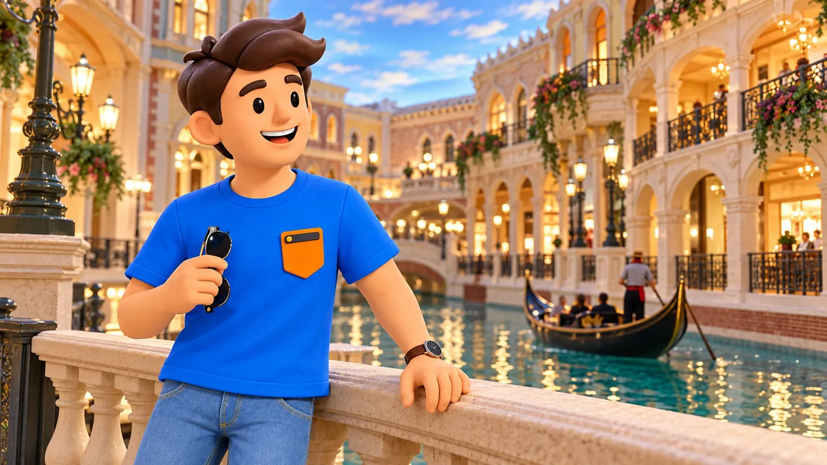 Personaje con gafas observando fachadas junto al canal interior de Venetian