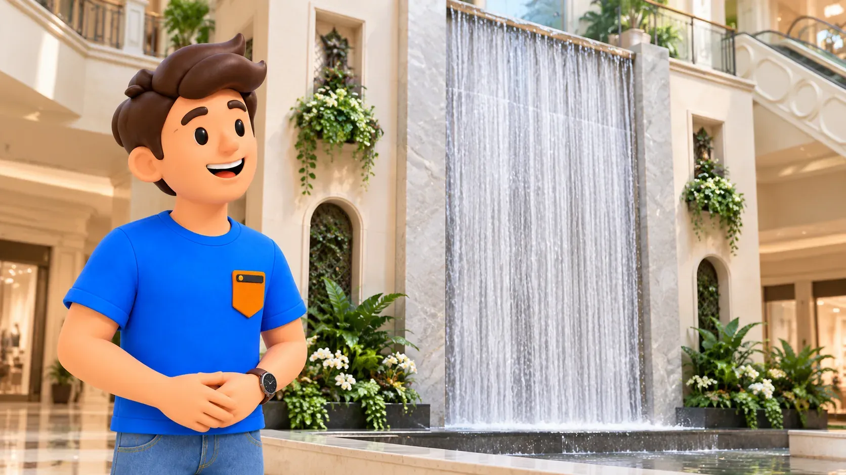 Personaje junto a la cascada vertical del atrio de Palazzo