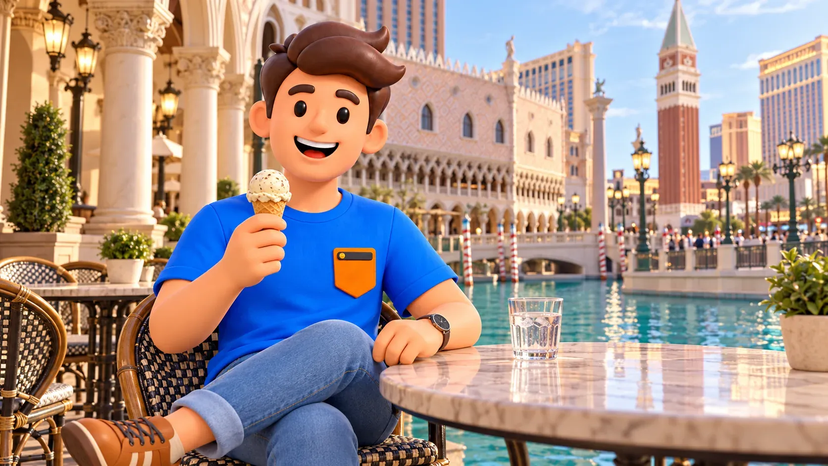 Personaje con un helado junto a la laguna exterior de Venetian