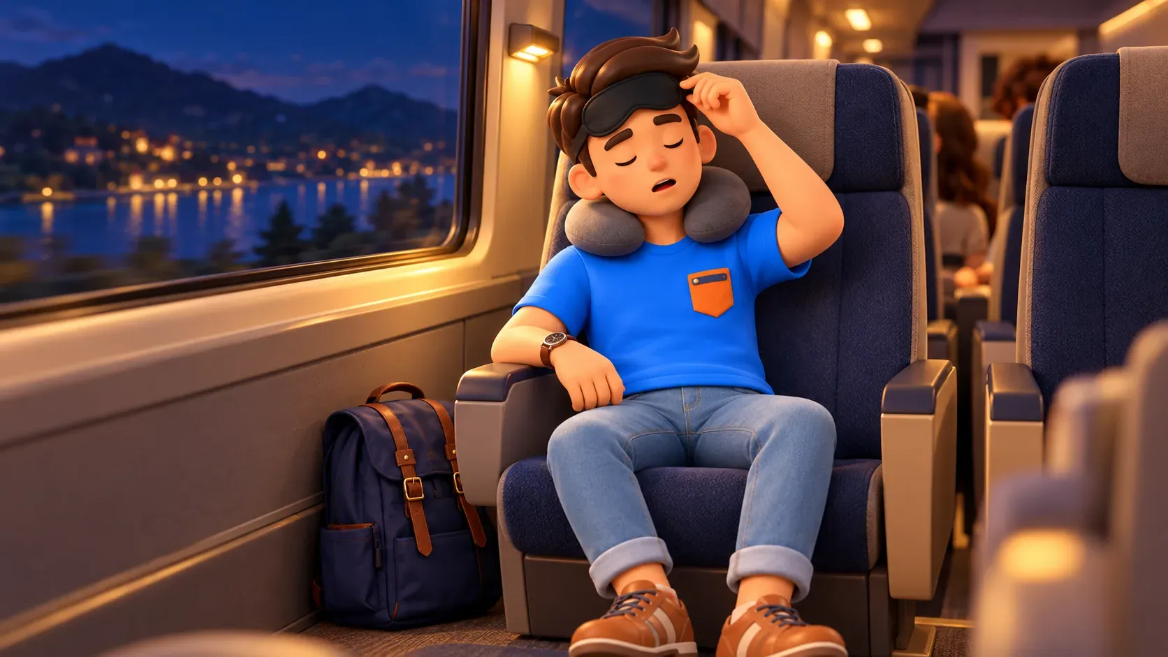 Viajero preparándose para descansar en un coche de asientos