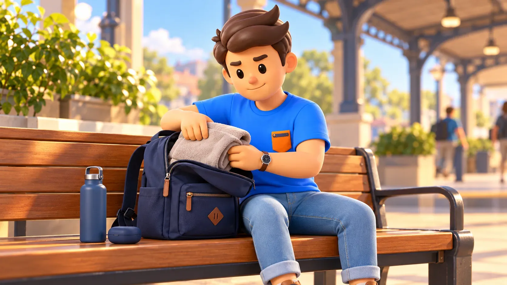 Viajero guardando una manta pequeña en la mochila