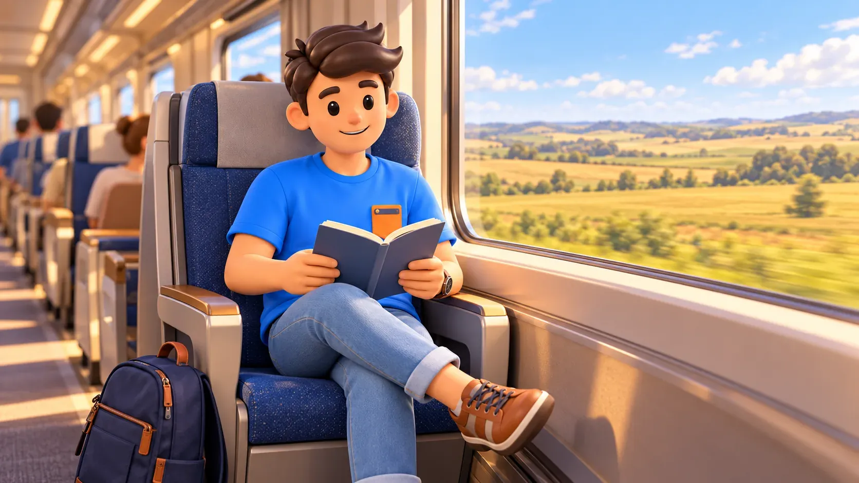 Viajero leyendo durante un trayecto diurno en tren