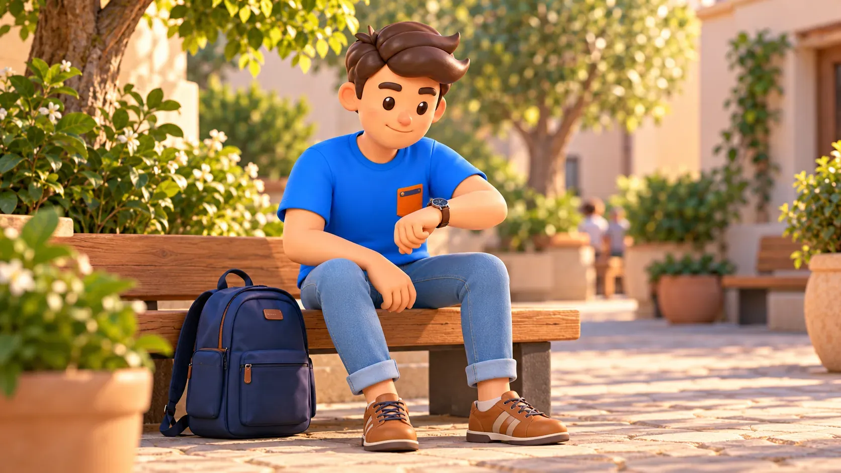 Traveller checking the time before a visit