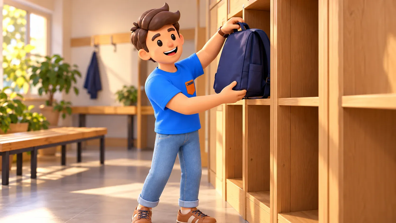 Traveller placing a backpack in a cloakroom