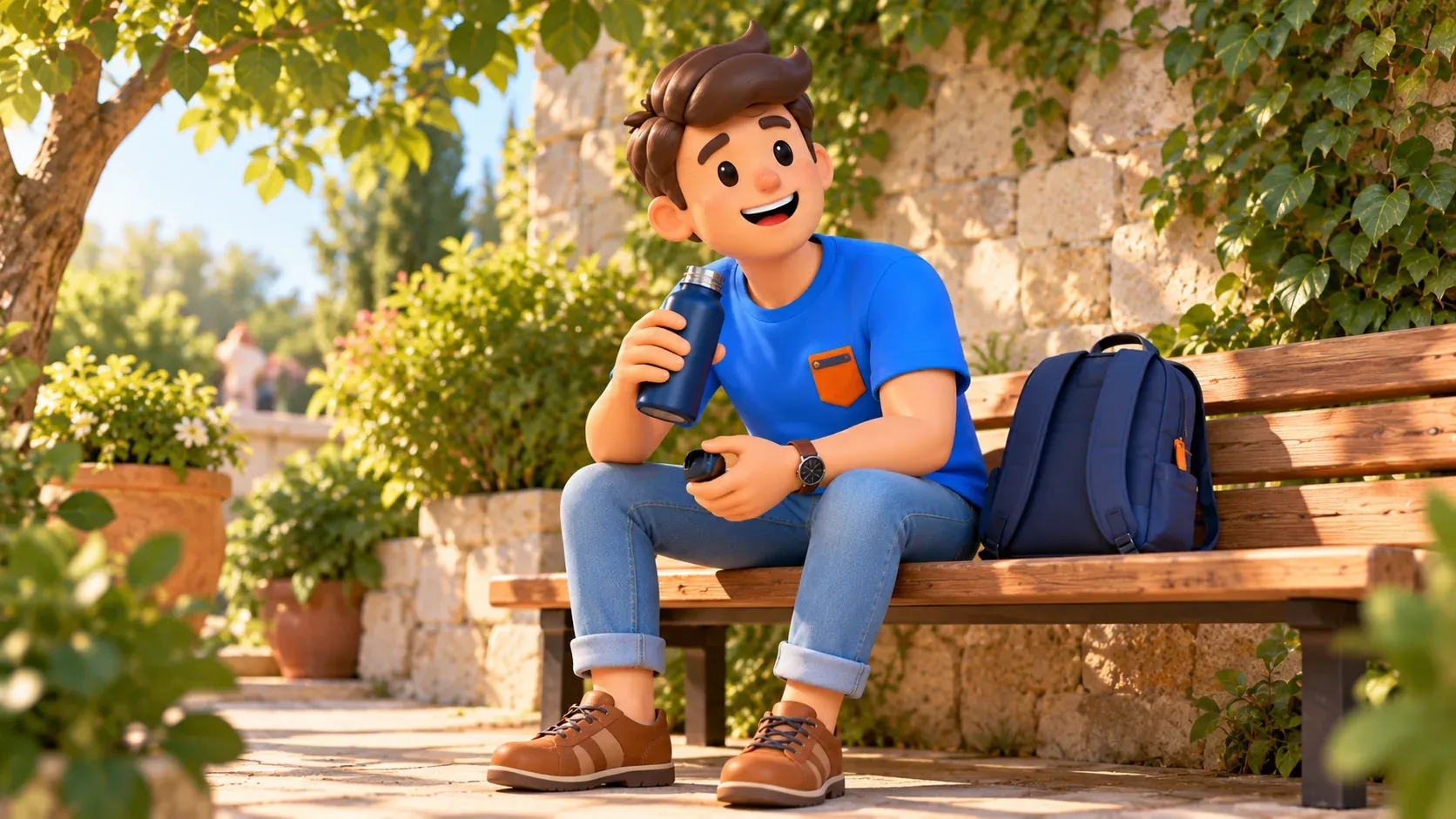 Traveller taking a water break in the shade
