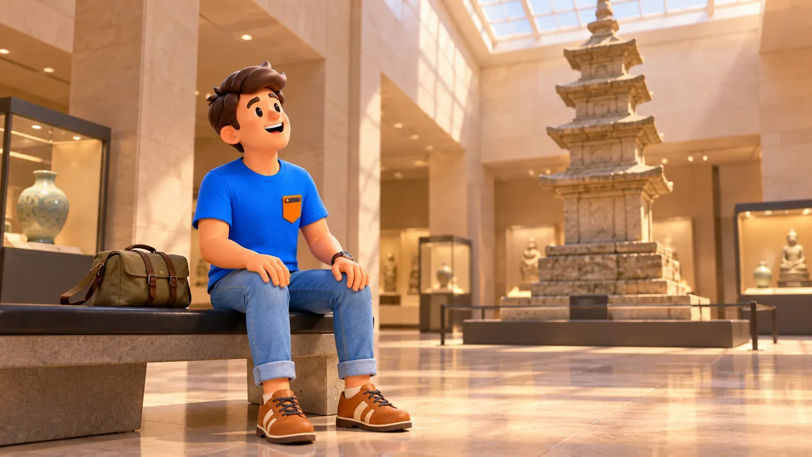 Personaje en un banco de museo ante una exposición ilustrada de una pagoda de piedra