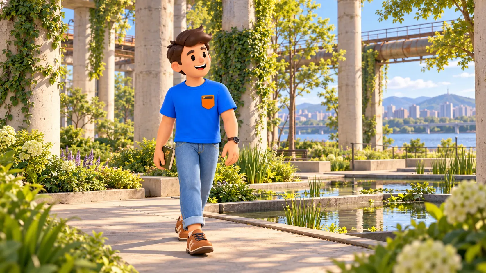 Personaje paseando entre columnas de hormigón y jardines en una ilustración de Seonyudo