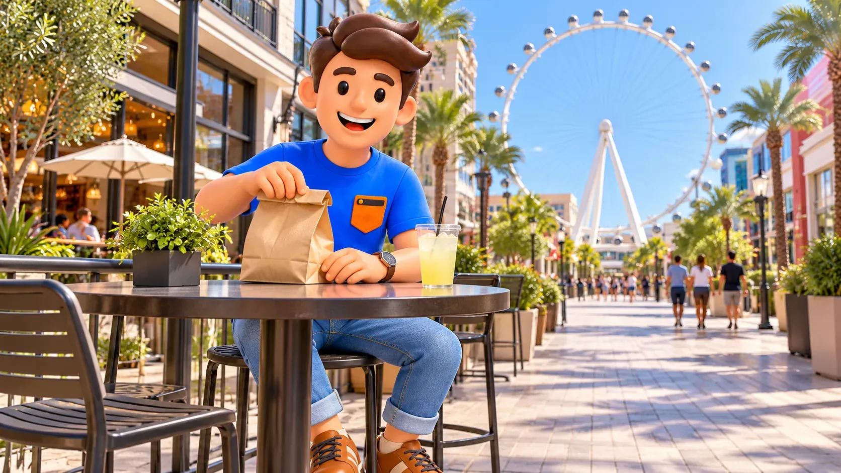 Personnage faisant une pause sur LINQ Promenade devant le High Roller