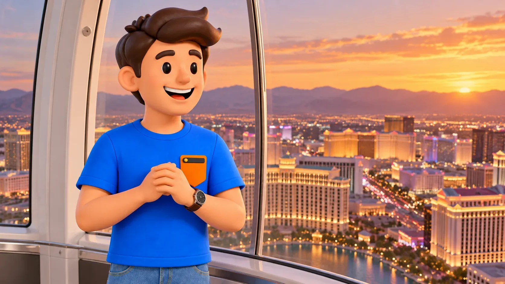Personnage regardant la ville du soir depuis une cabine fermée du High Roller