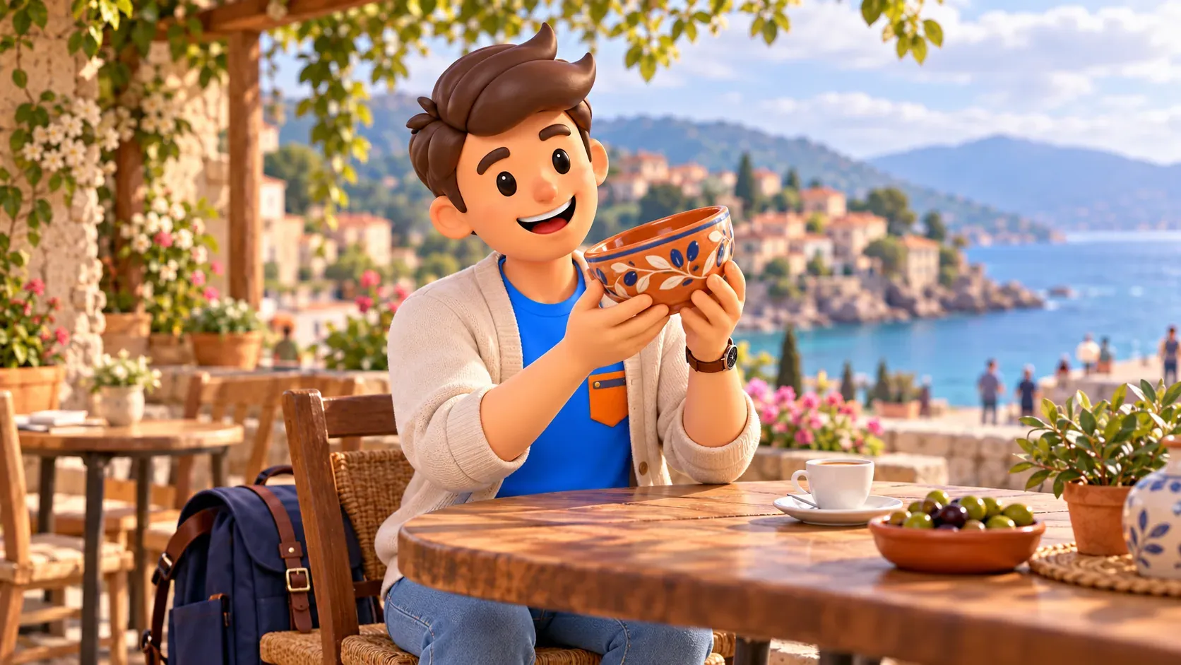 Traveller admiring a pottery bowl on a cafe terrace