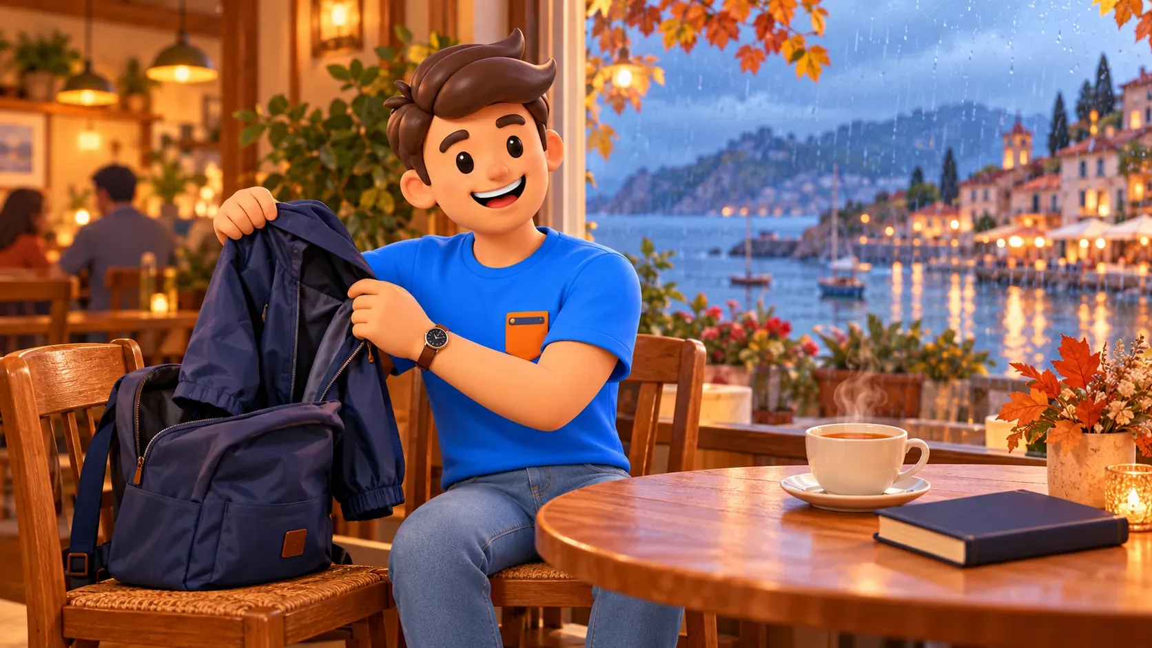 Traveller unpacking a rain jacket in a seaside cafe