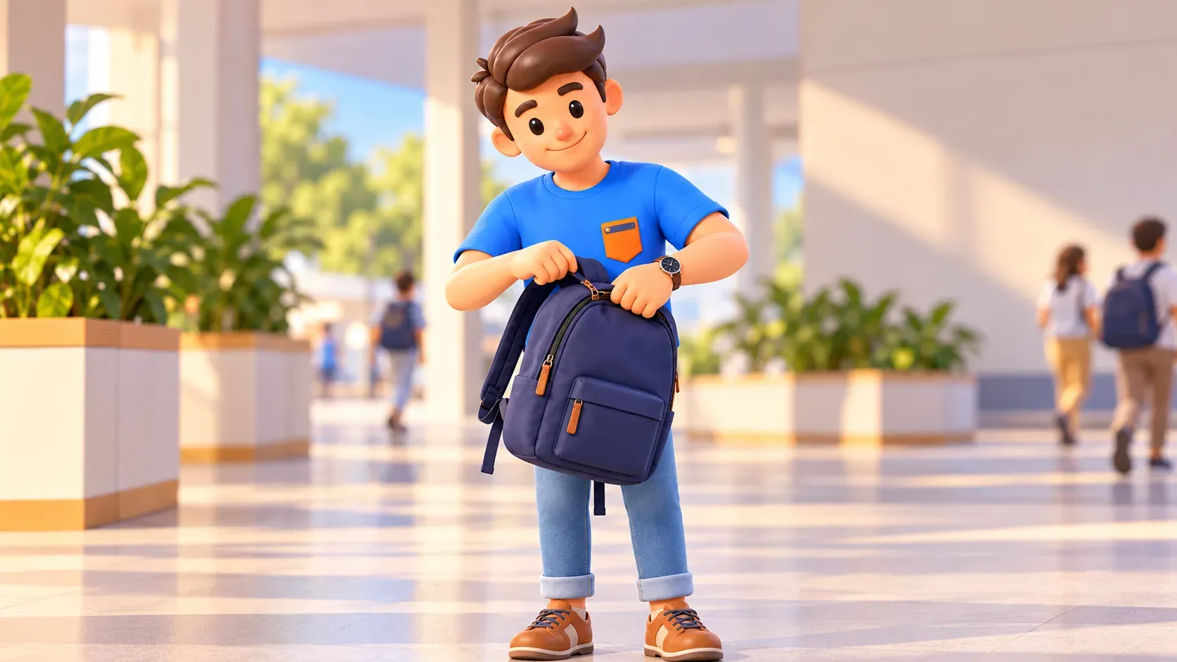 Voyageur fermant son sac avant le départ