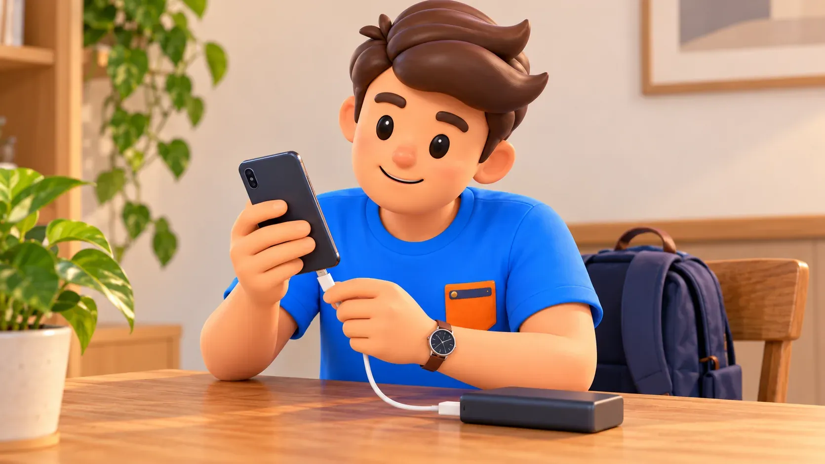 Reisender verbindet sein Smartphone mit einer Powerbank