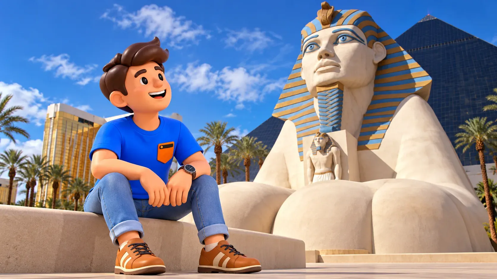 Figur bei einer Pause vor der modernen Sphinx des Luxor