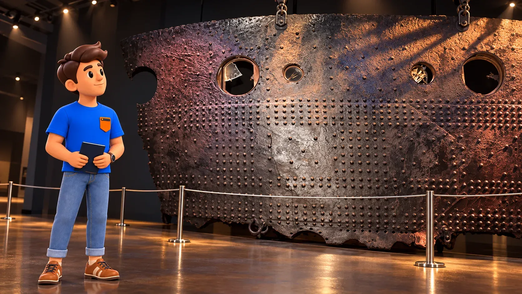 Figur mit Broschüre vor einem geborgenen Rumpfstück in der TITANIC-Ausstellung