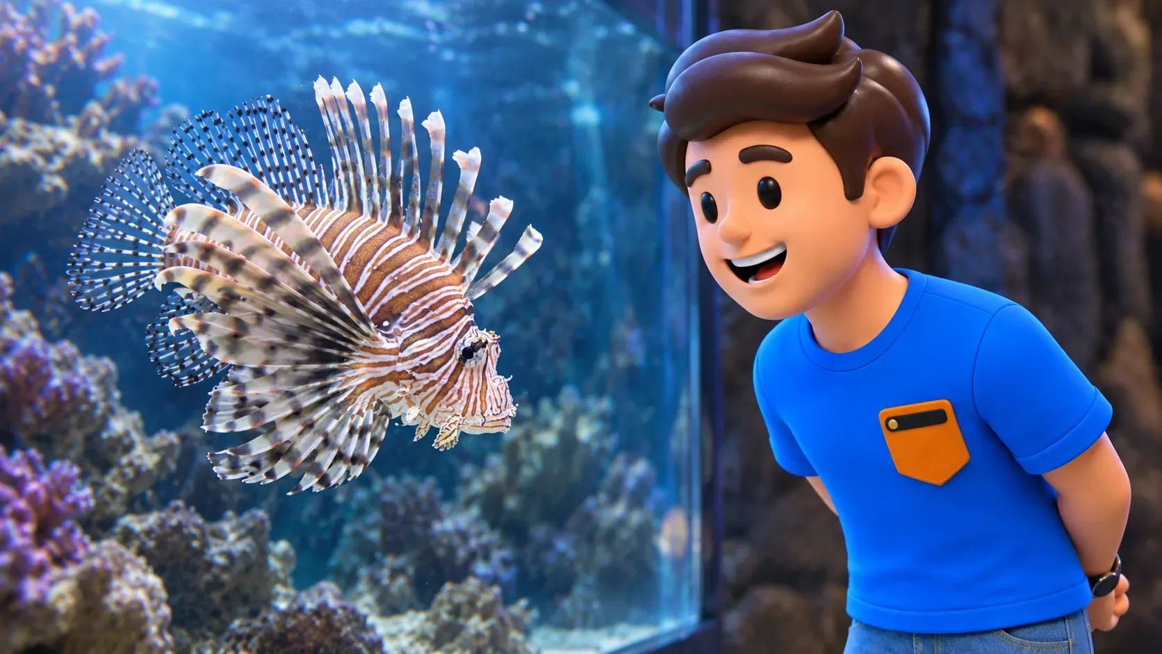 Figur beobachtet einen Rotfeuerfisch hinter Aquarienglas