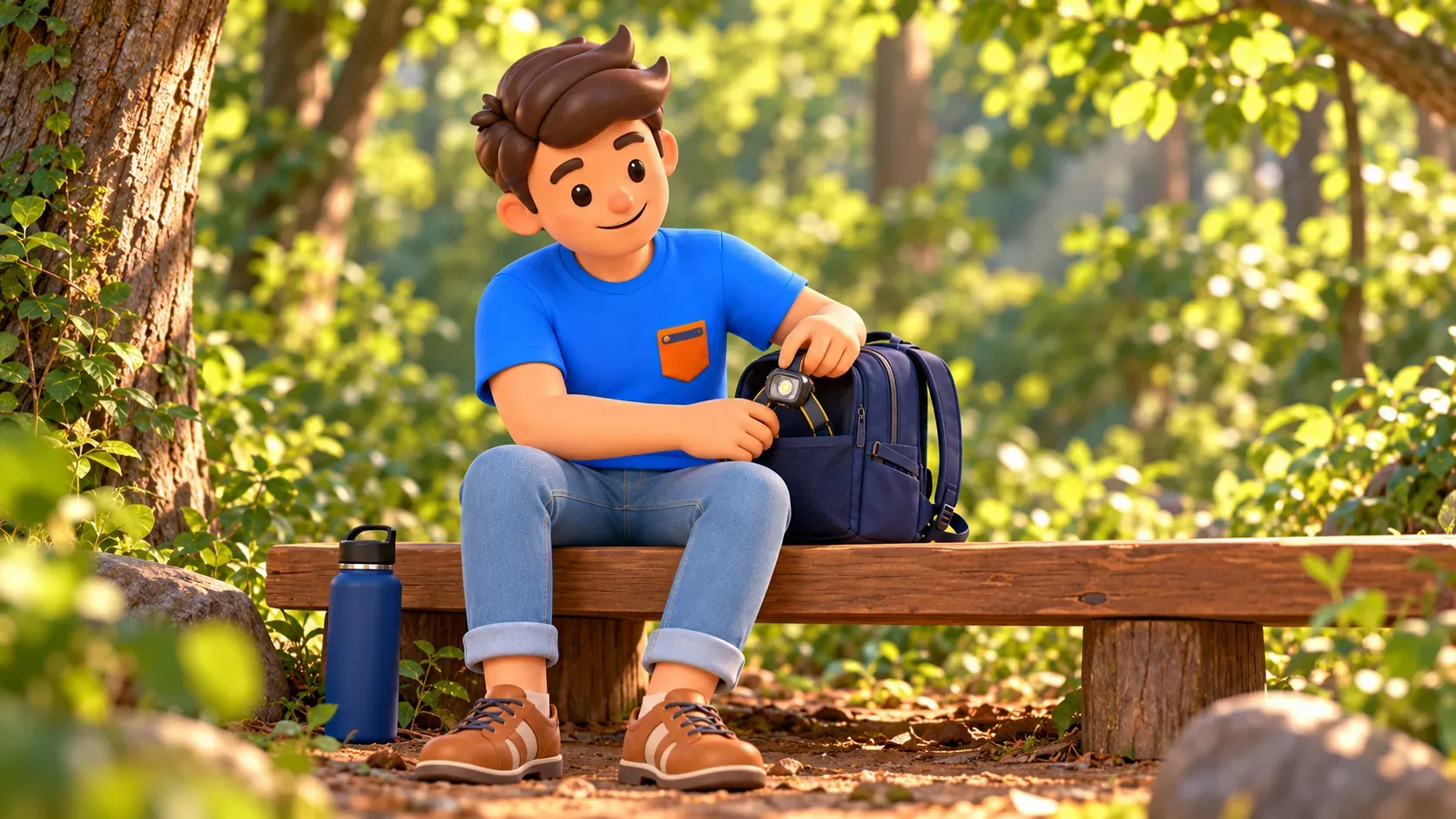 Viajero guardando un frontal en la mochila en un banco del bosque