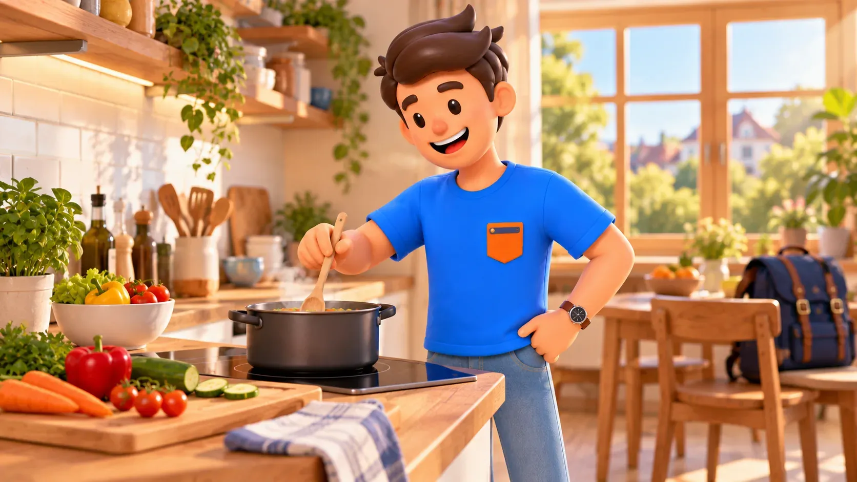 Traveller cooking soup in a shared kitchen