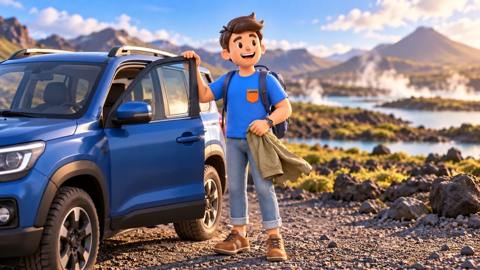 Viajero sujetando la puerta de un coche aparcado con viento