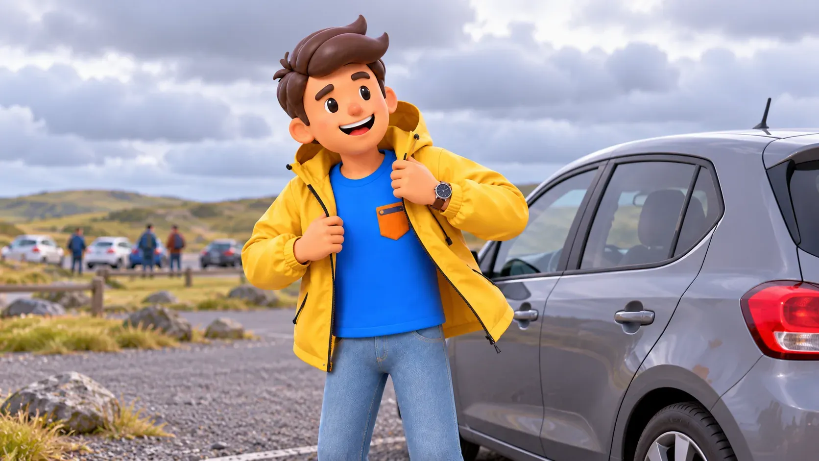 Traveller putting on a weather jacket beside a parked car
