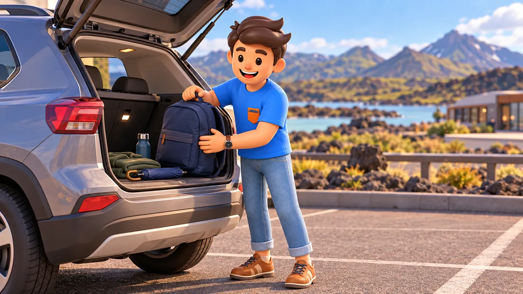 Viajero colocando la mochila en el maletero