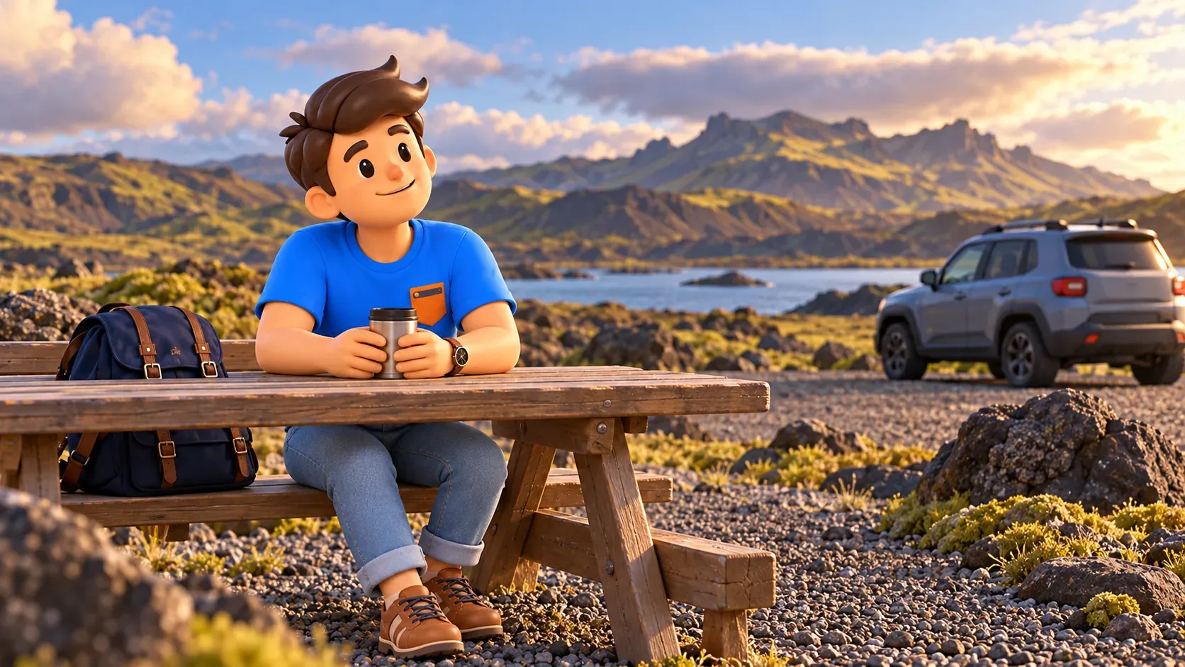 Una pausa con taza térmica en un área junto al paisaje volcánico