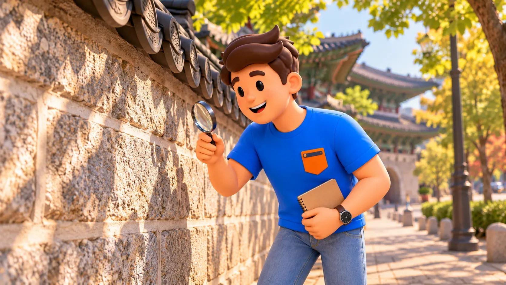 Voyageur observant à la loupe la pierre d’un mur palatial