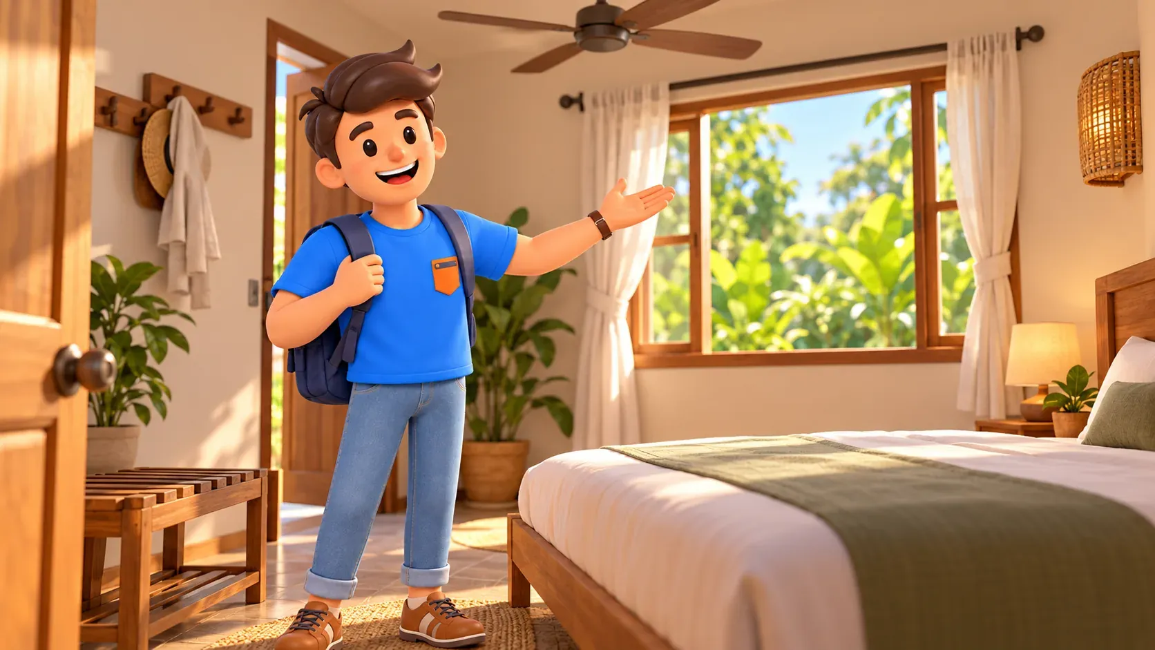 Voyageur examinant les équipements pratiques d’une chambre simple