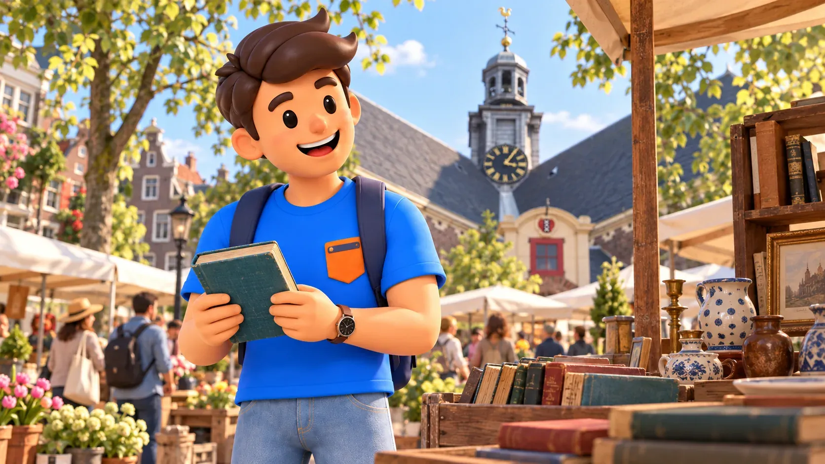 Illustration inspired by Noordermarkt, with a traveller holding a book beside stalls and the Noorderkerk roof behind