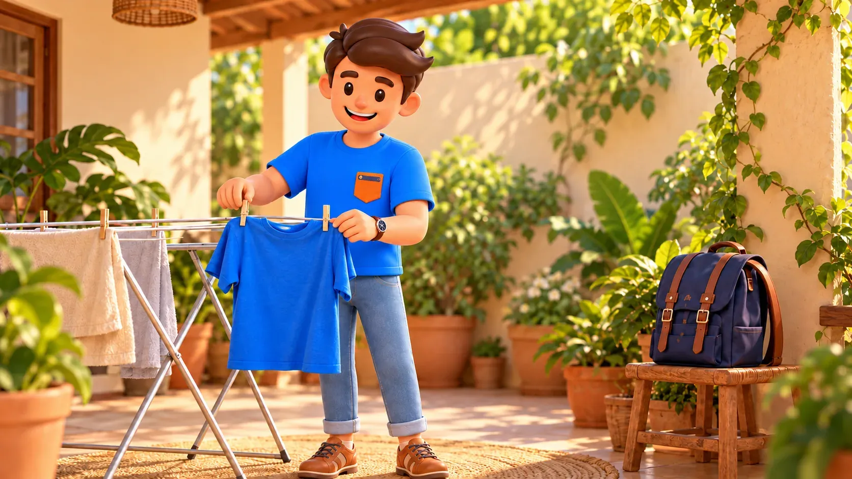 Voyageur étendant un t-shirt lavé pendant son séjour