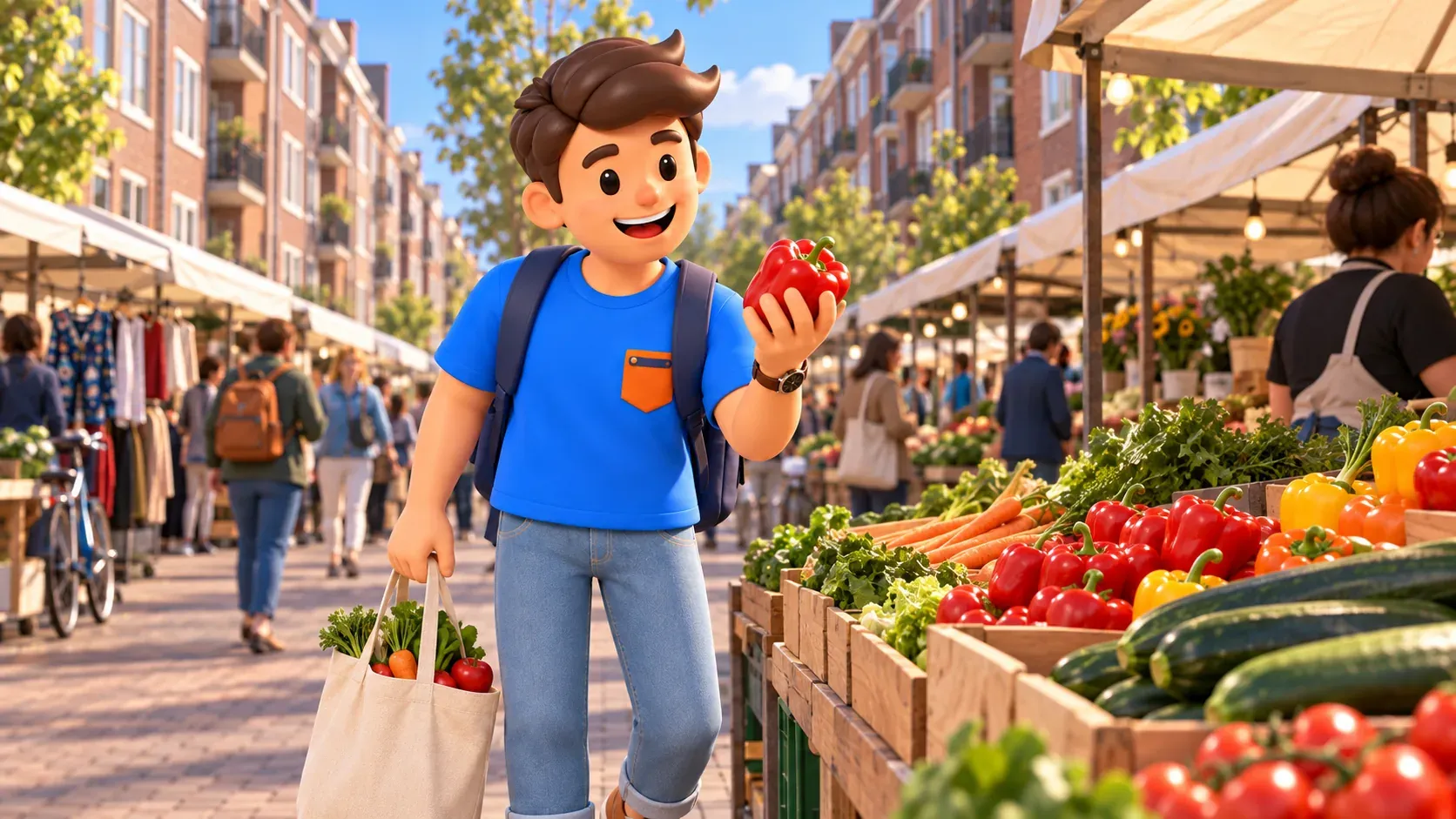 Thematic illustration inspired by Ten Kate, with a traveller examining a red pepper beside a produce stall