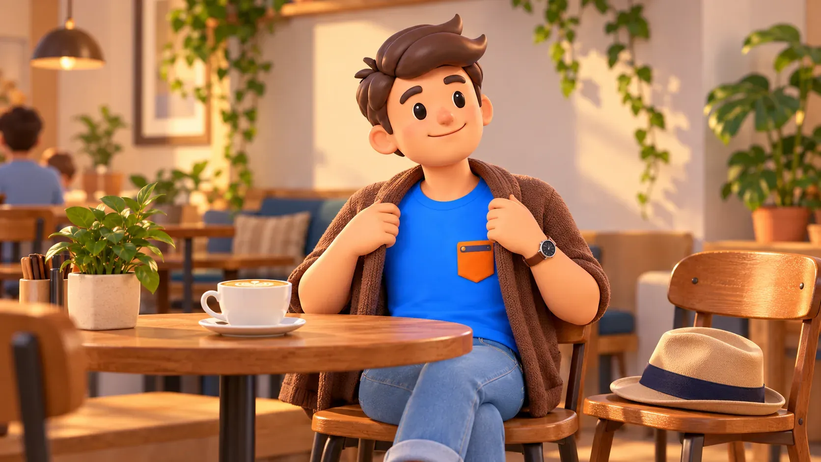 Traveller adding a warm layer during a café break