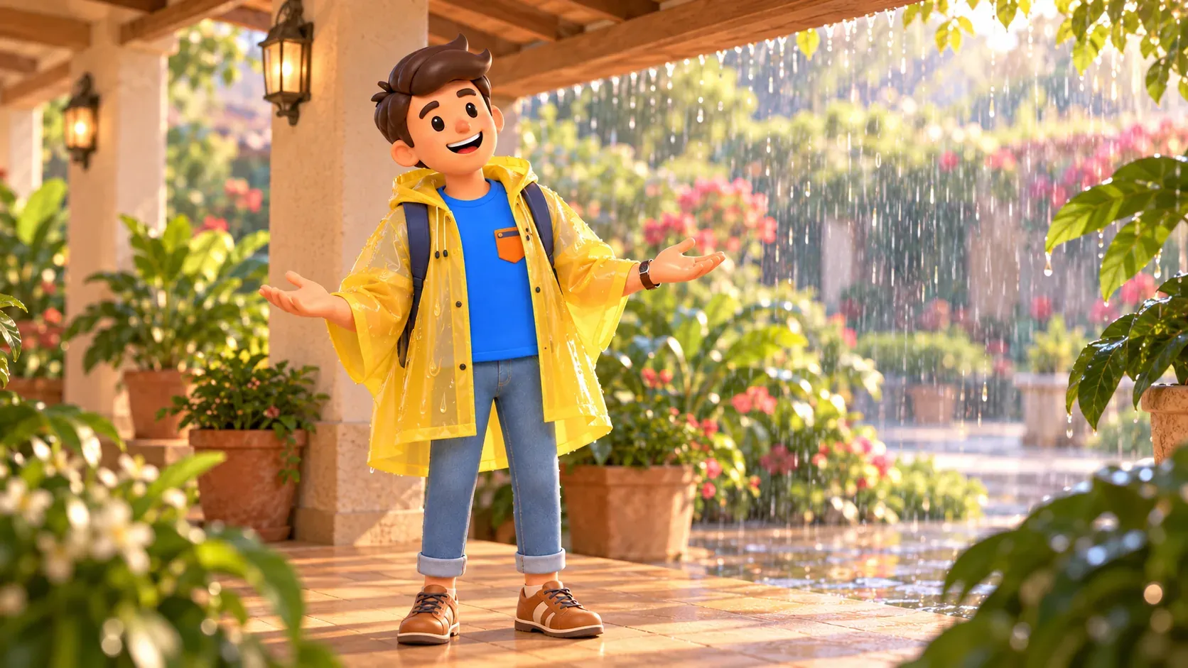 Traveller in a raincoat waiting under shelter during a shower