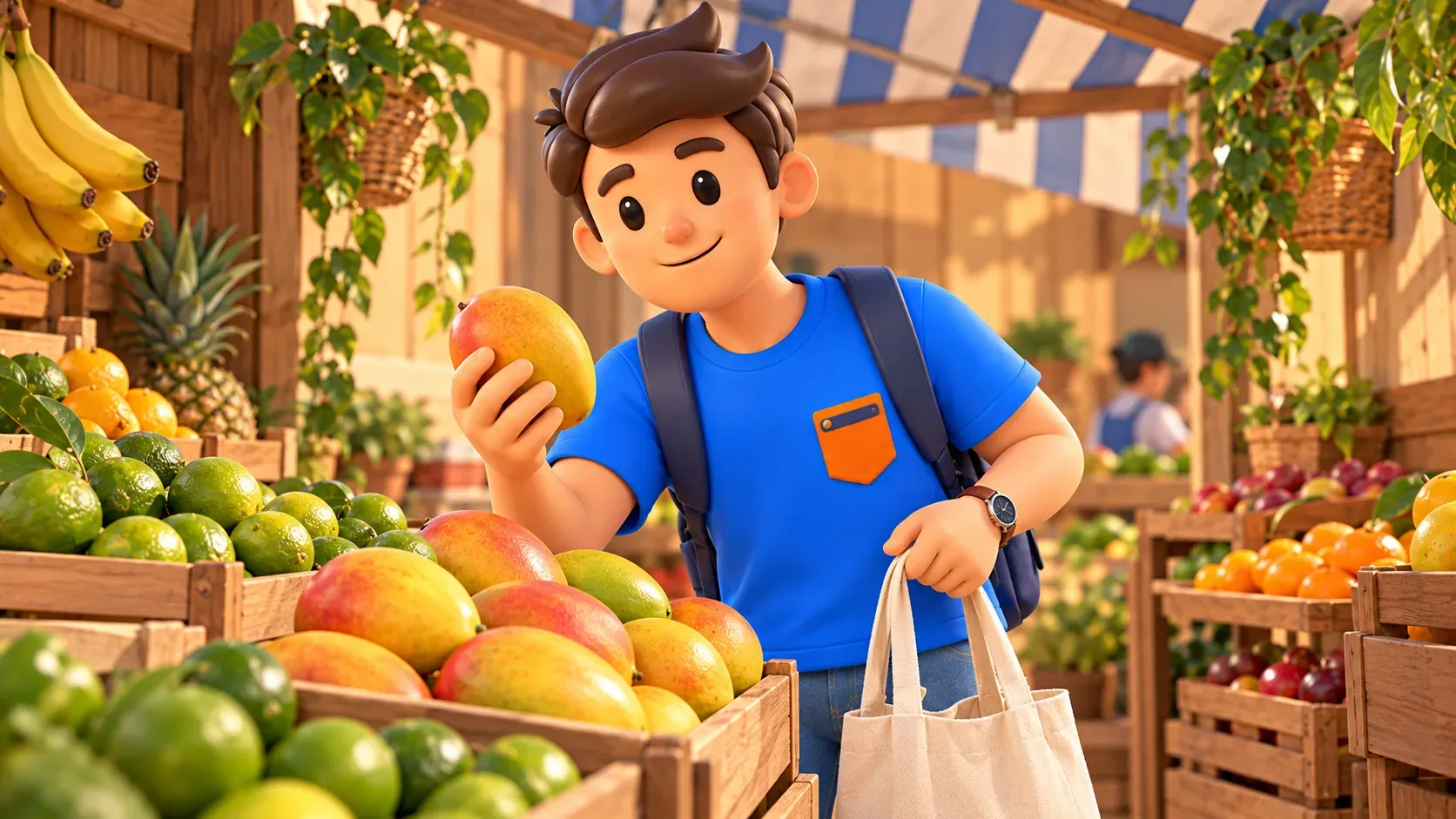 Traveller choosing a mango at a fruit stall