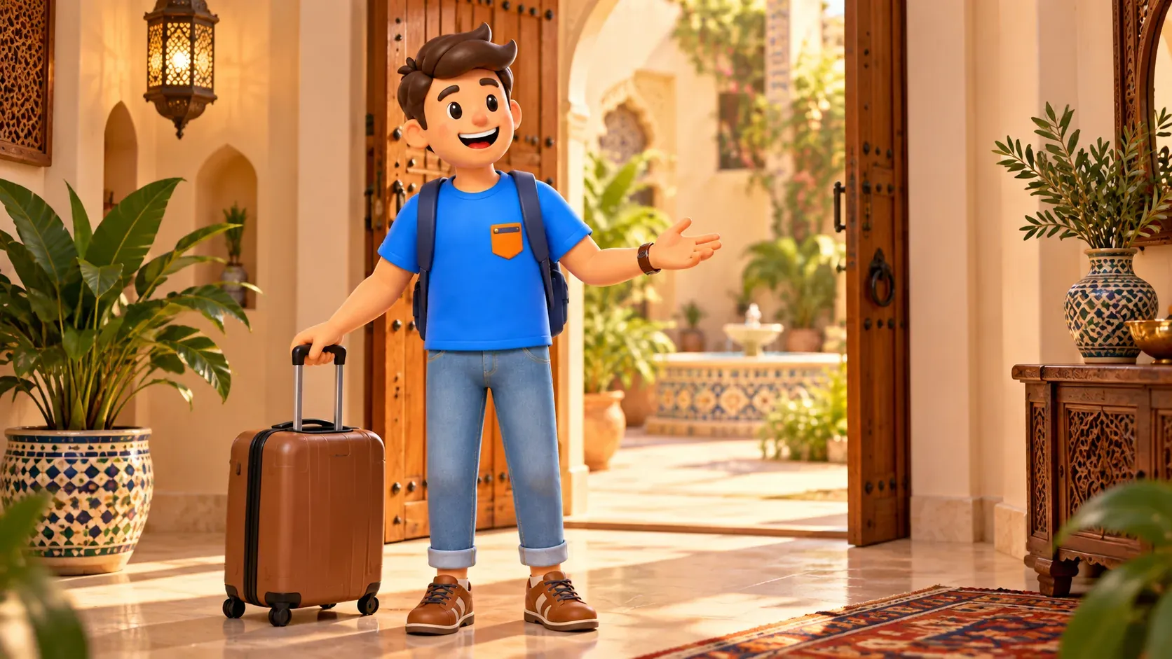 Traveller arriving with a suitcase at a generic guesthouse