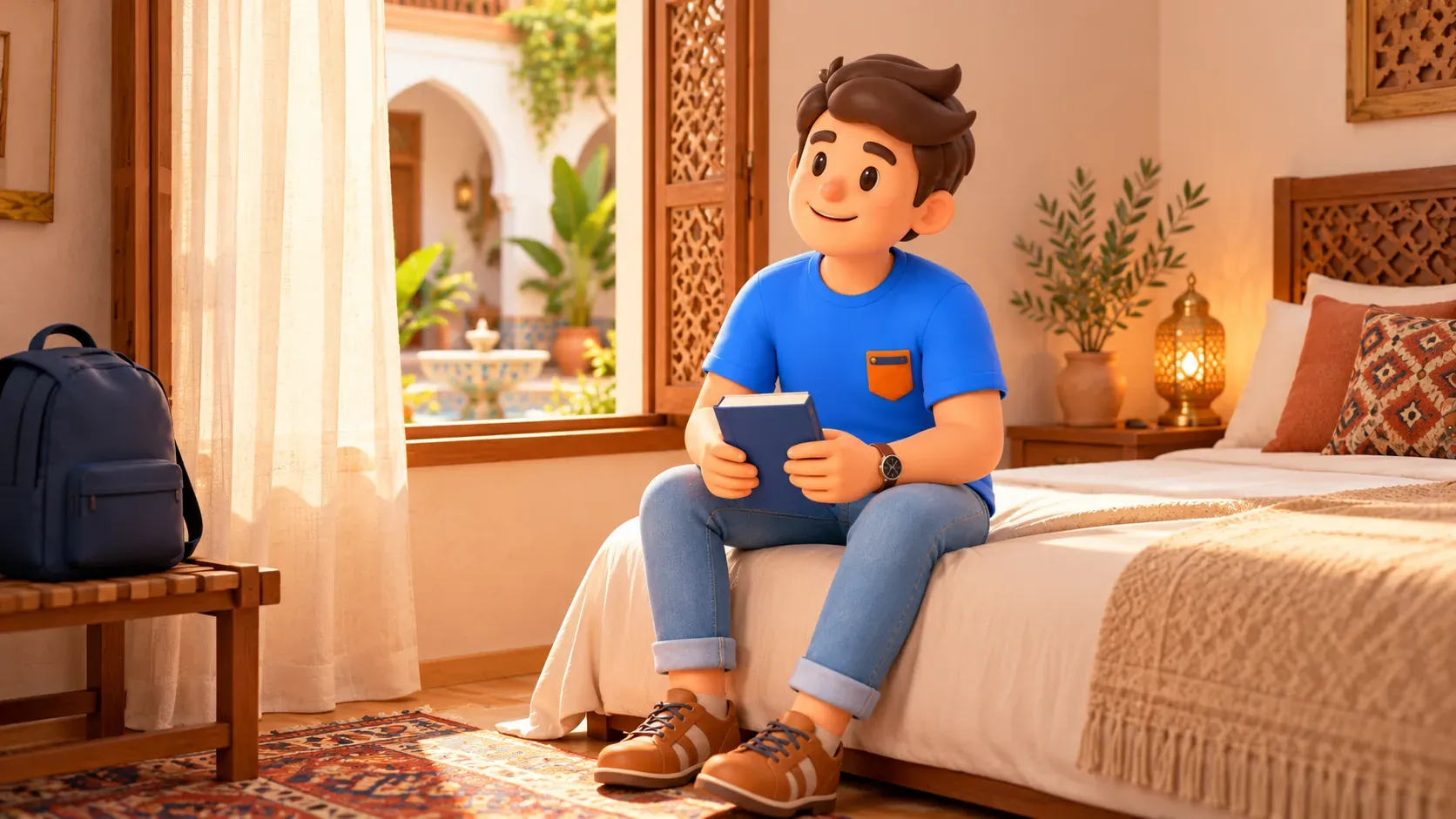 Traveller considering a quiet room with a courtyard-facing window