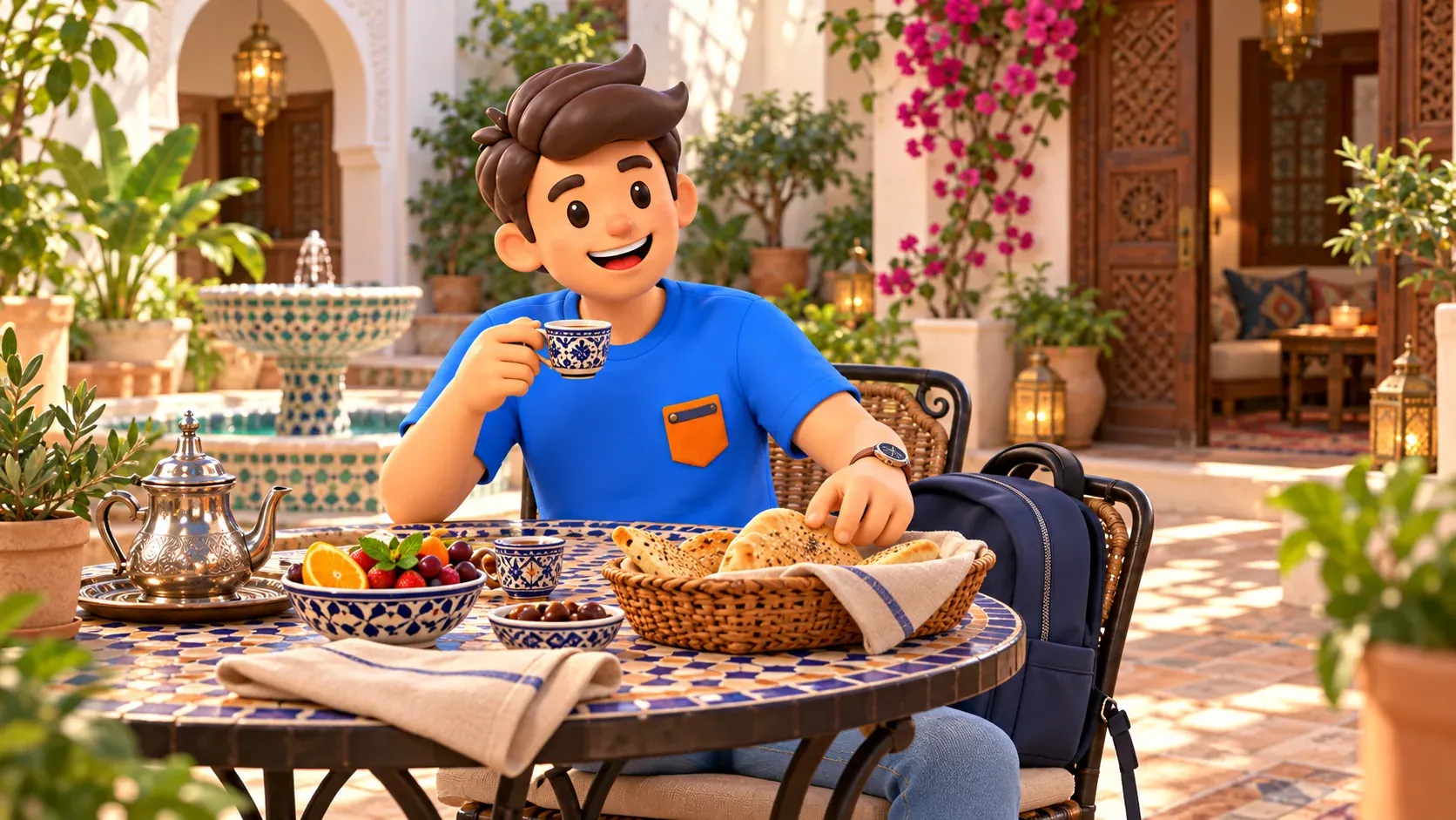 Traveller having breakfast in a fictional inner courtyard