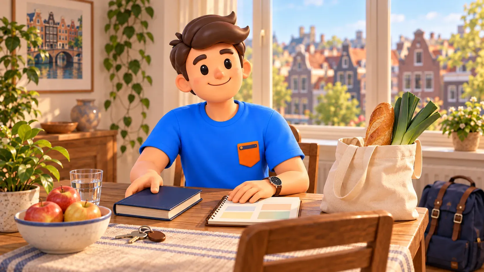 Thematic illustration of a traveller with a book, groceries and walk planner in an imagined room