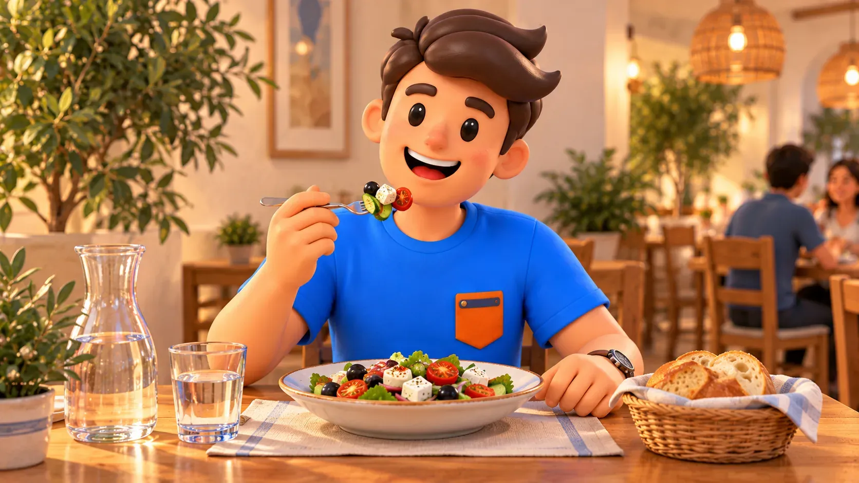Reisender isst einen Salat in einem einfachen Restaurant