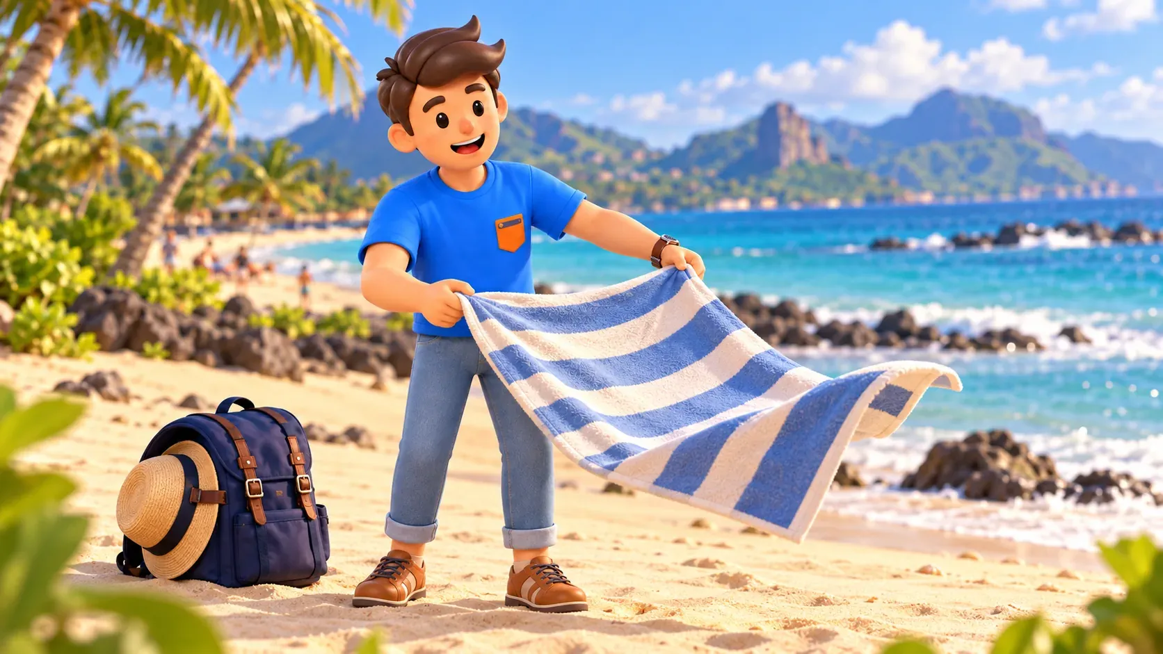 Traveller folding a towel on a breezy beach