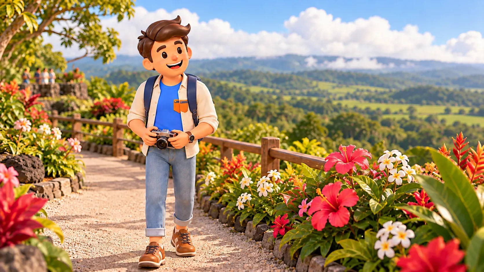Traveller with a camera among tropical garden flowers