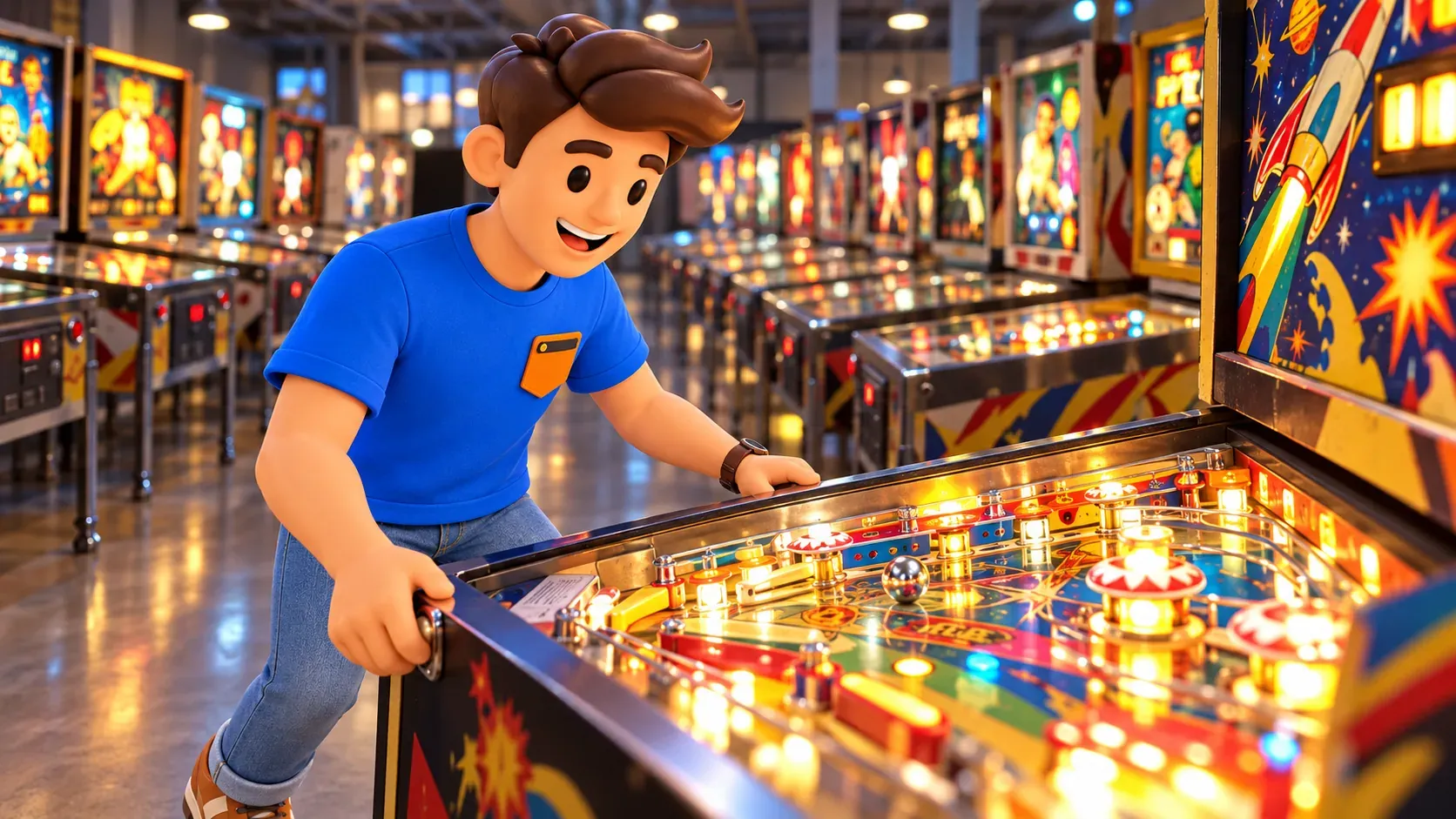 Figur spielt an einem alten Flipper