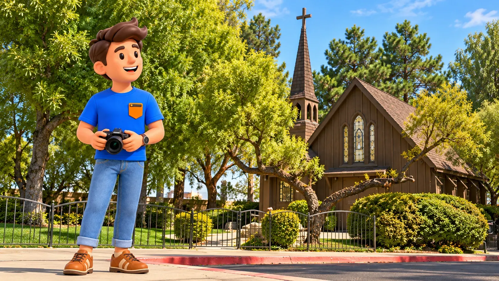 Figur mit gesenkter Kamera vor Little Church of the West