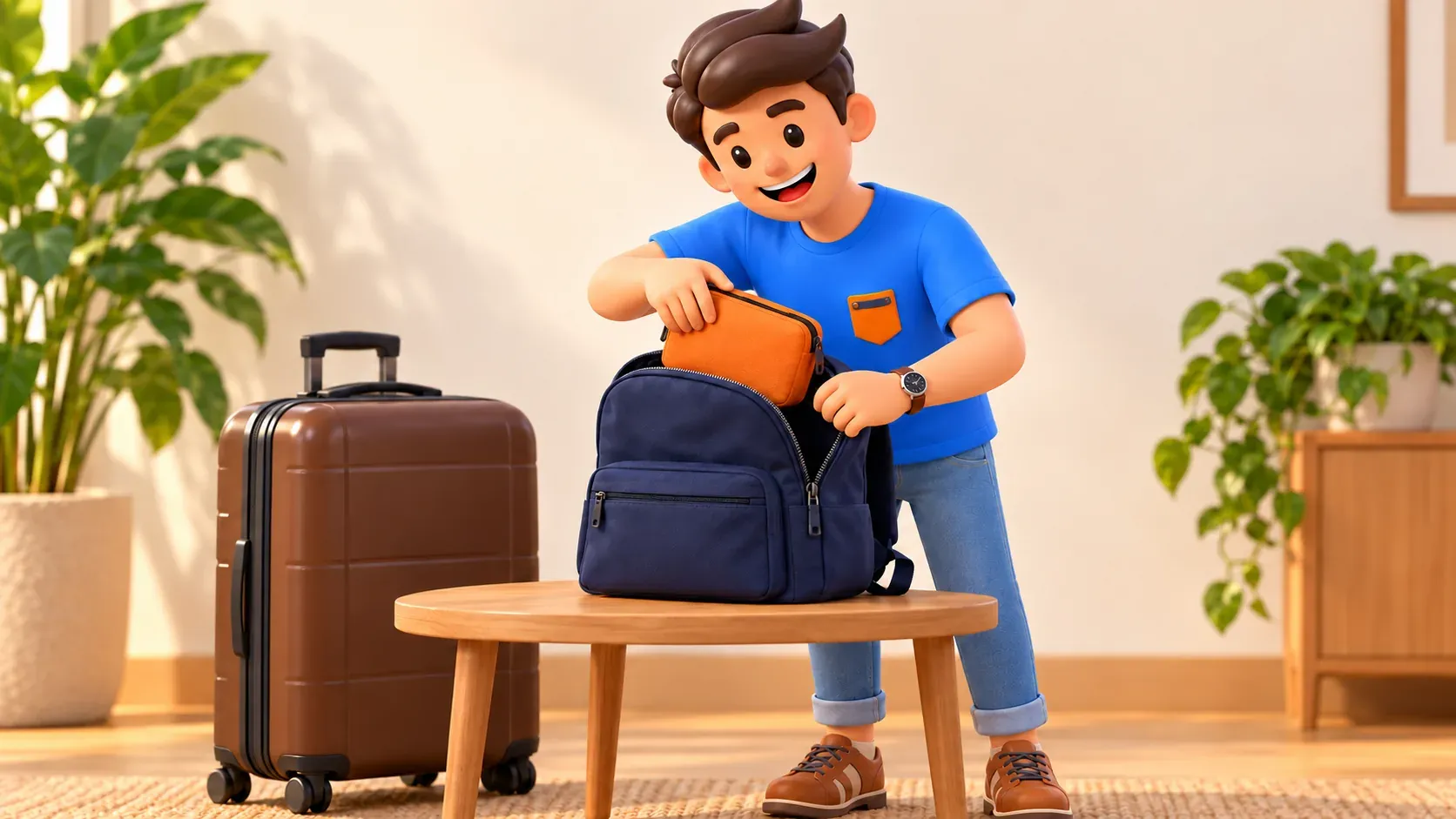 Reisender verstaut eine benötigte Tasche im Tagesrucksack
