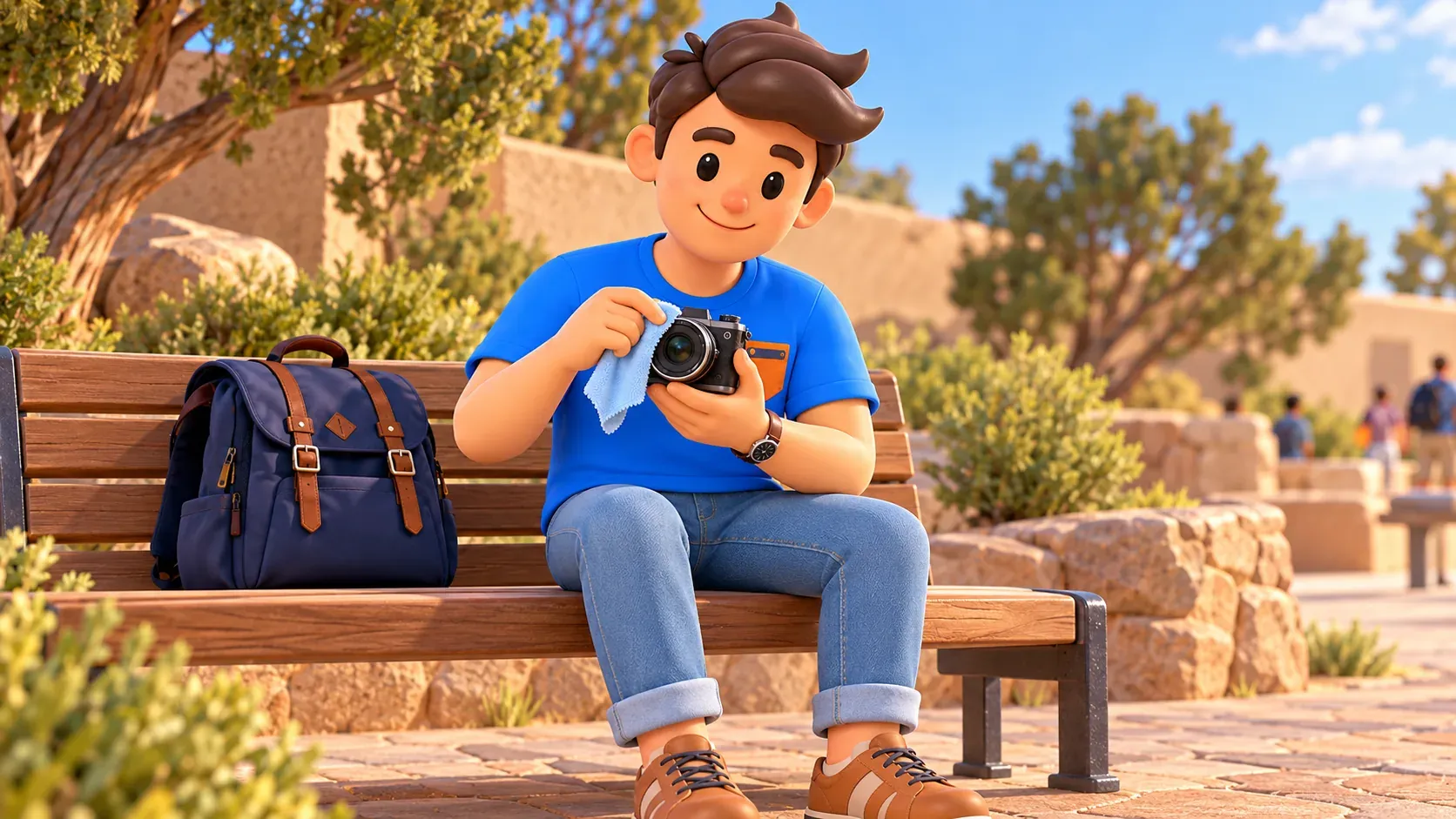 Traveller cleaning a camera lens before taking photographs