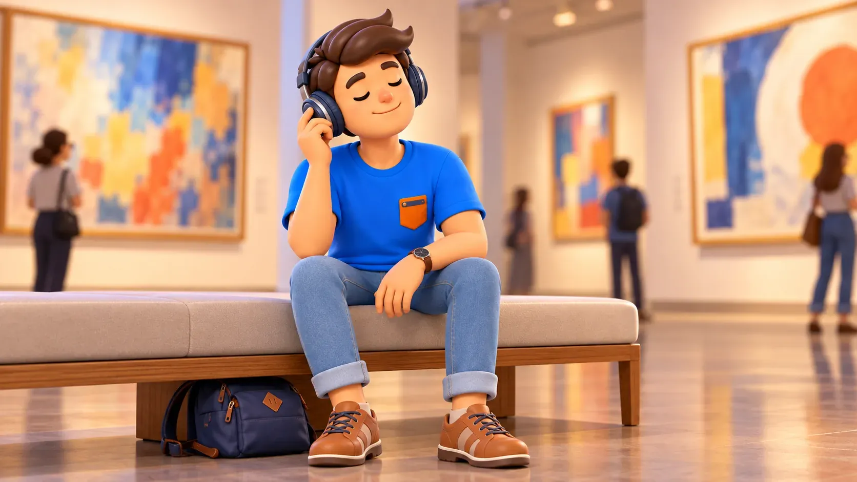 Traveller listening to audio on a bench in a generic gallery
