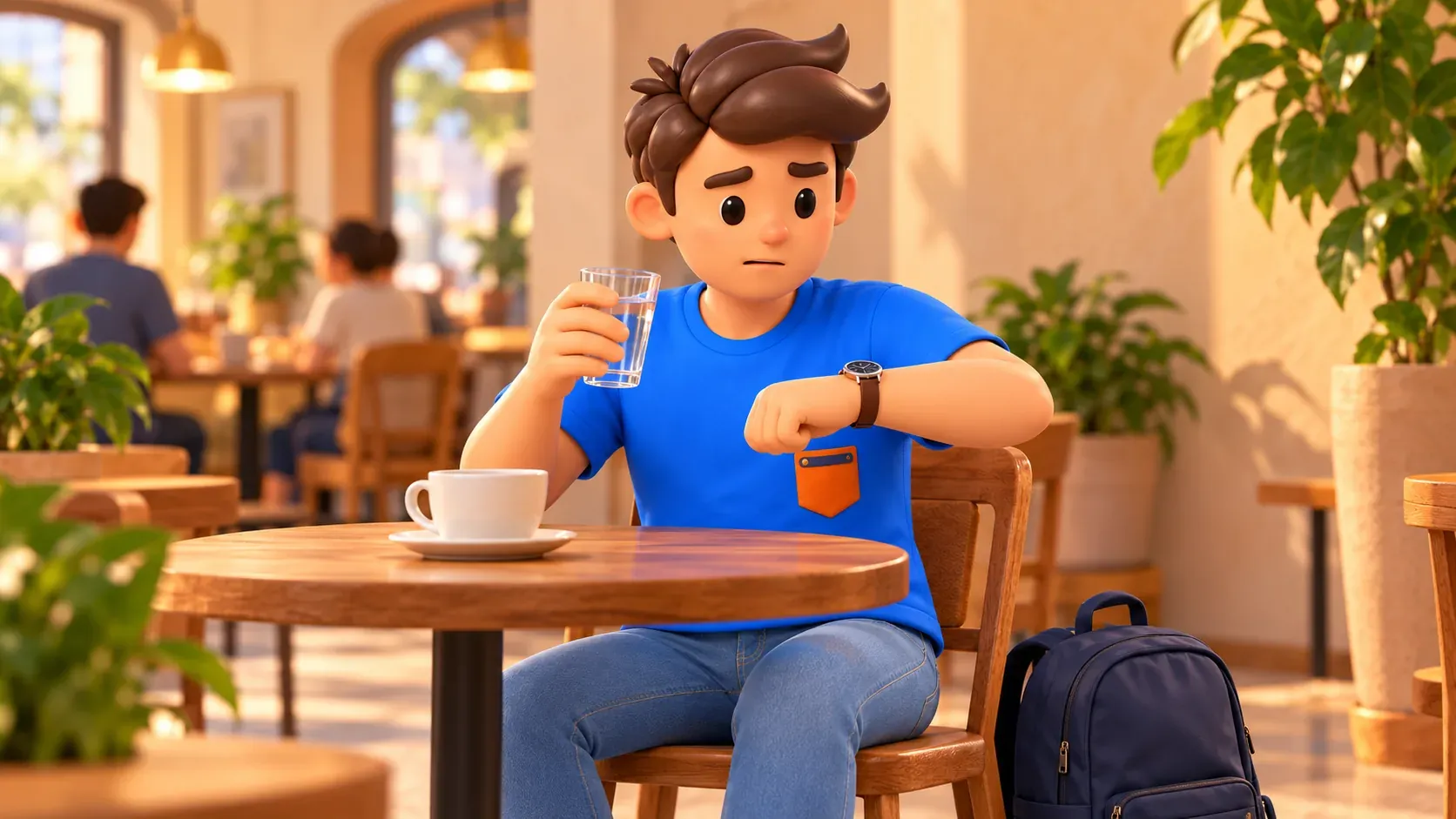Traveller checking his watch during a short café break