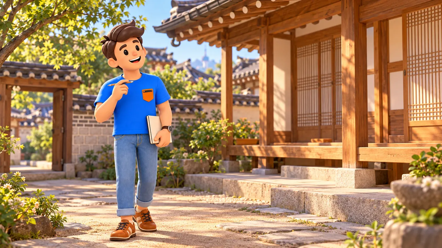 Traveller with notebook observes sunlight in a traditional-house courtyard