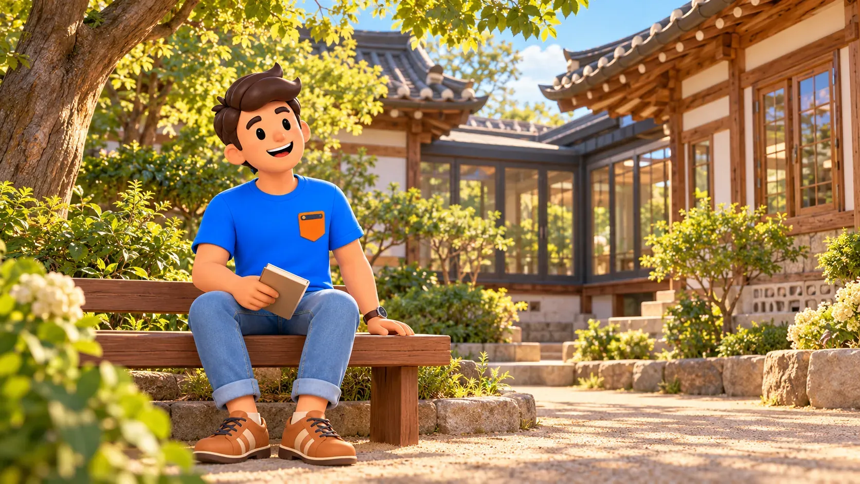 Traveller rests in a garden facing timber house wings with a glazed connecting corridor