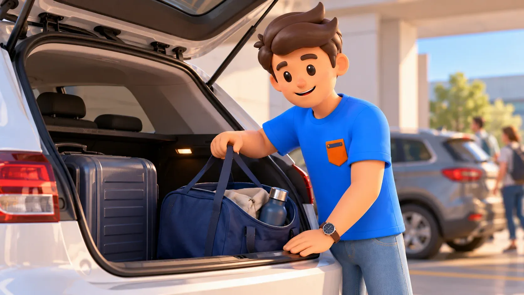 Voyageur prenant un sac de traversée dans le coffre d’une voiture